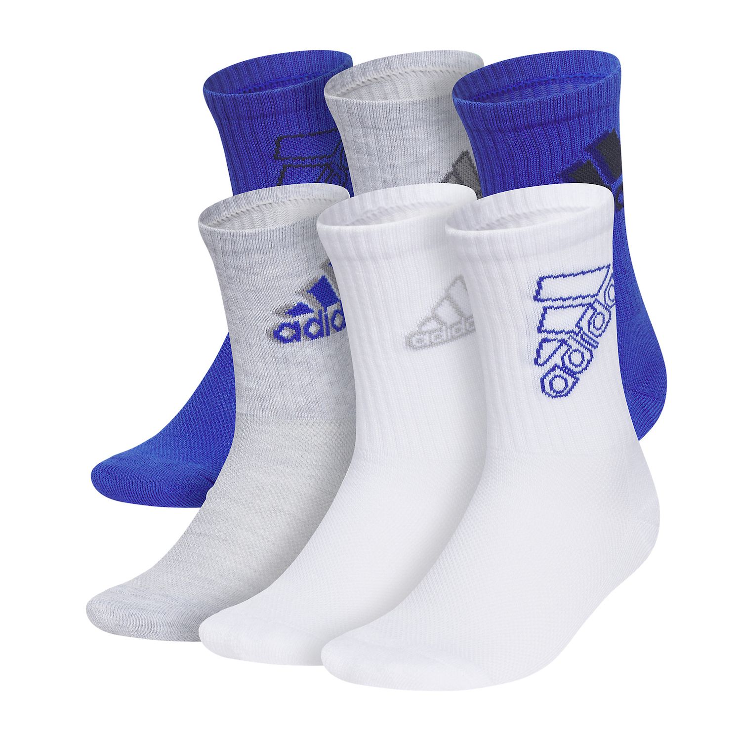 Boys adidas Cushioned Mixed 2.0 6-Pack Crew Socks Color: Blue Size: 9-11